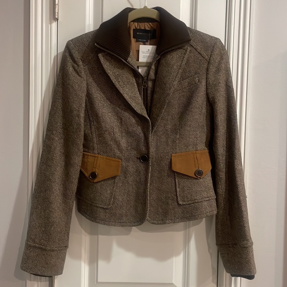 BCBG Maxazria Brown Tan Blazer Jacket Houndstooth layered zipper
